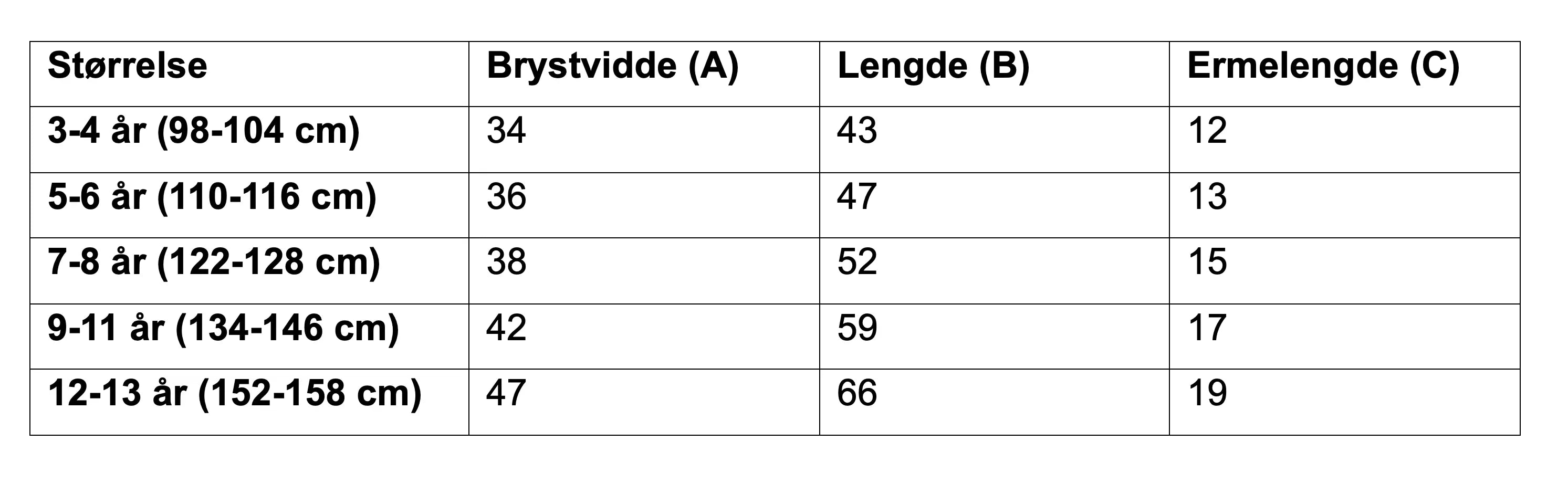 Størrelsestabell for t-skjorte til barn med broderi av kjæledyr