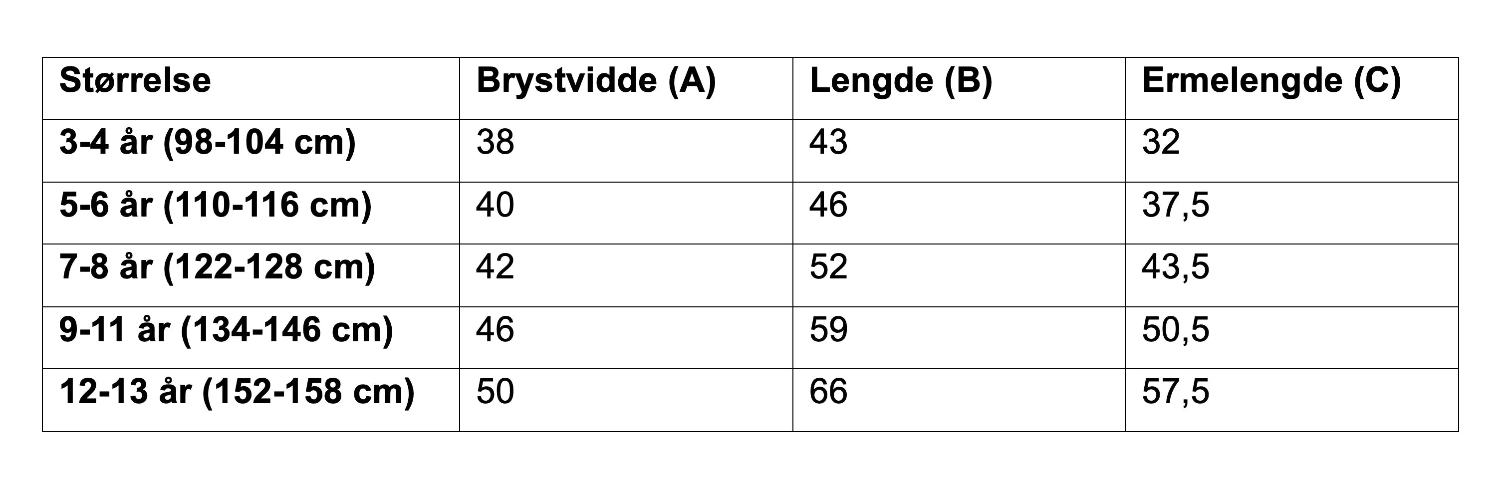 Størrelsestabell for genser til barn med broderi av kjæledyr