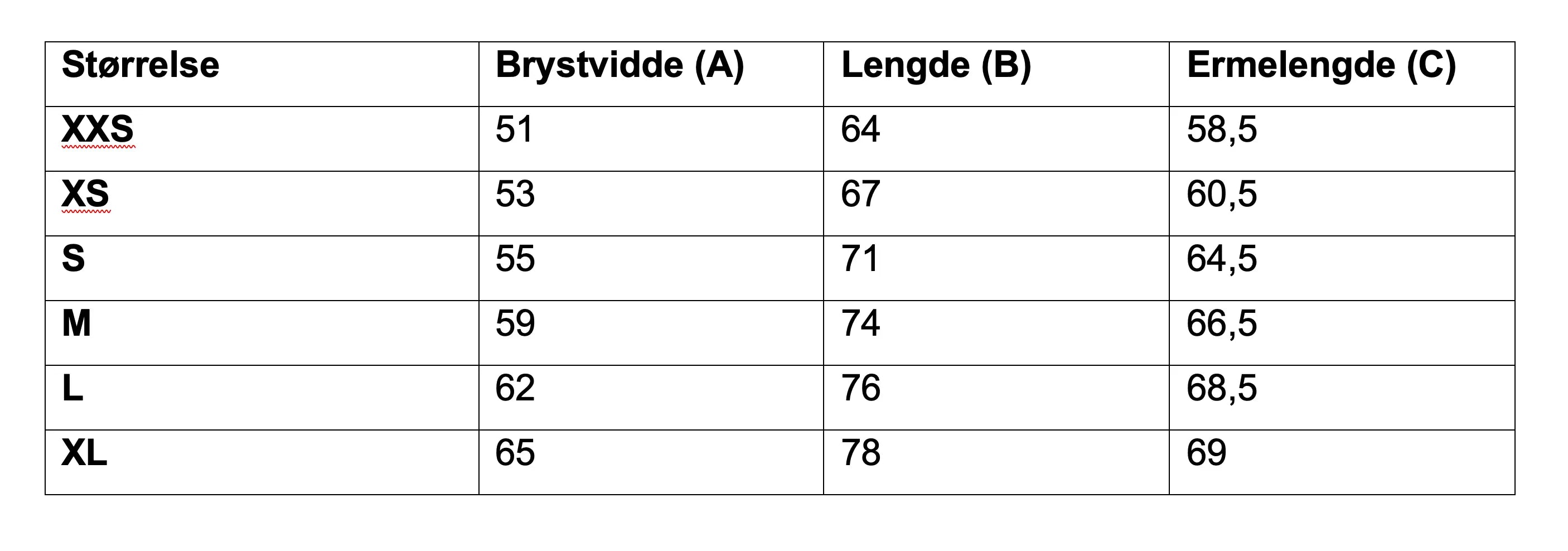 Størrelsestabell for unisex genser